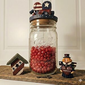Vintage Americana Vignette Set – Patriotic Ball Jar, Resin Angel, Wood Birdhouse